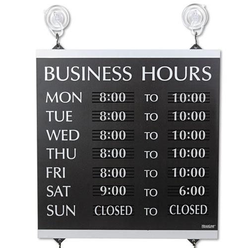Century Series Business Hours Sign, Heavy-Duty Plastic, 13 x 14, Black. Picture 1