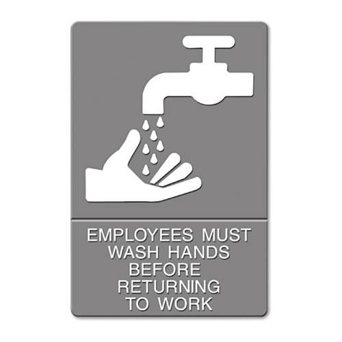 ADA Sign, EMPLOYEES MUST WASH HANDS... Tactile Symbol/Braille, 6 x 9, Gray. Picture 1