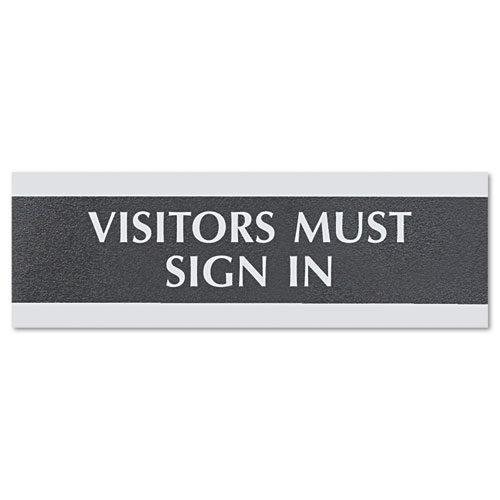 Century Series Office Sign, VISITORS MUST SIGN IN, 9 x 3, Black/Silver. Picture 1