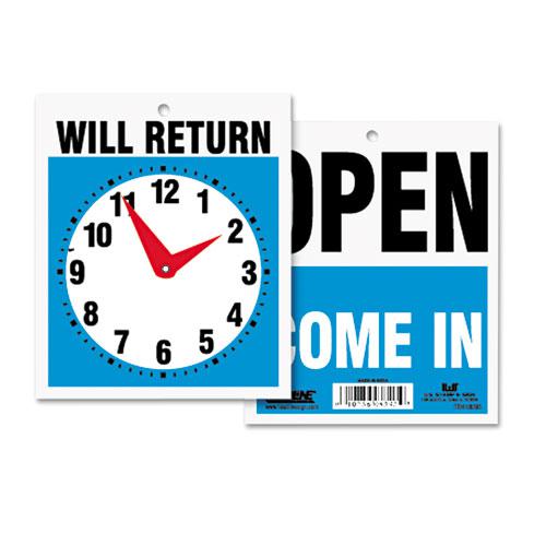 Double-Sided Open/Will Return Sign with Clock Hands, Plastic, 7.5 x 9. The main picture.