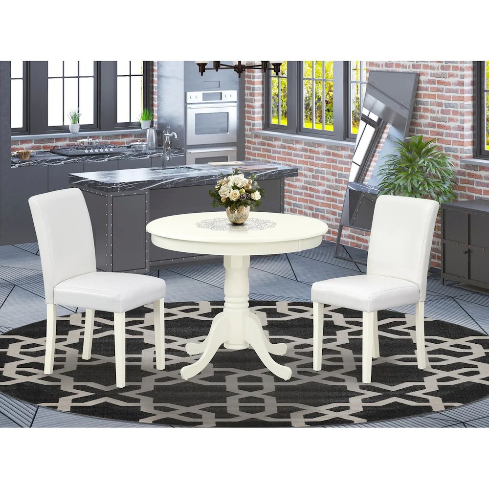 3 Piece Modern Dining Table Set Contains a Round Kitchen Table with Pedestal and 2 White Faux Leather Upholstered Chairs, 36x36 Inch, Linen White. Picture 10