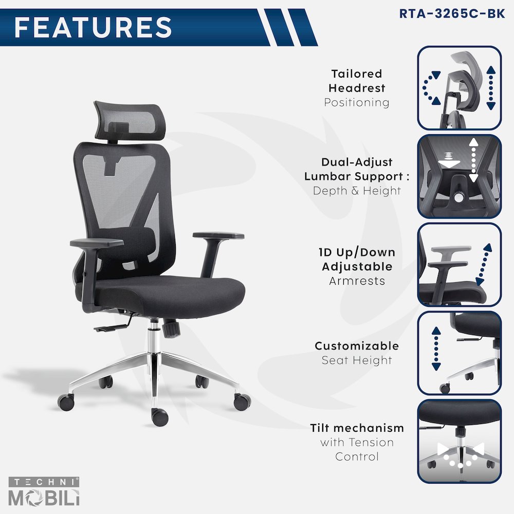 Truly Ergonomic Mesh Office Chair with Headrest & Lumbar Support, Black. Picture 15