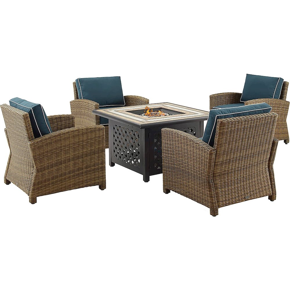 Bradenton 5Pc Outdoor Wicker Conversation Set W/Fire Table Navy/Weathered Brown - Tucson Fire Table & 4 Armchairs. Picture 1