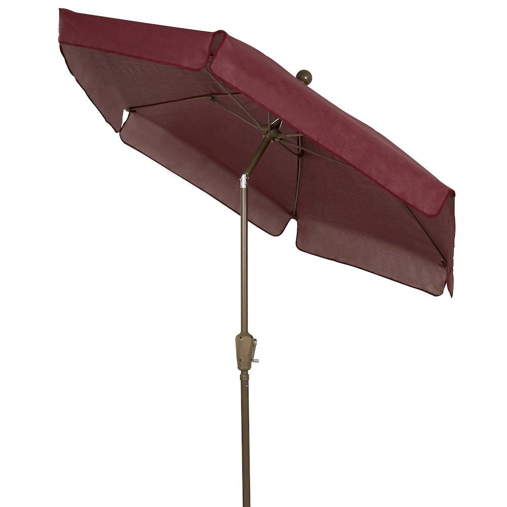 7.5' Hex Home Garden Tilt Umbrella 6 Rib Crank Champagne Bronze with Burgundy Vinyl Coated Weave Canopy. Picture 1