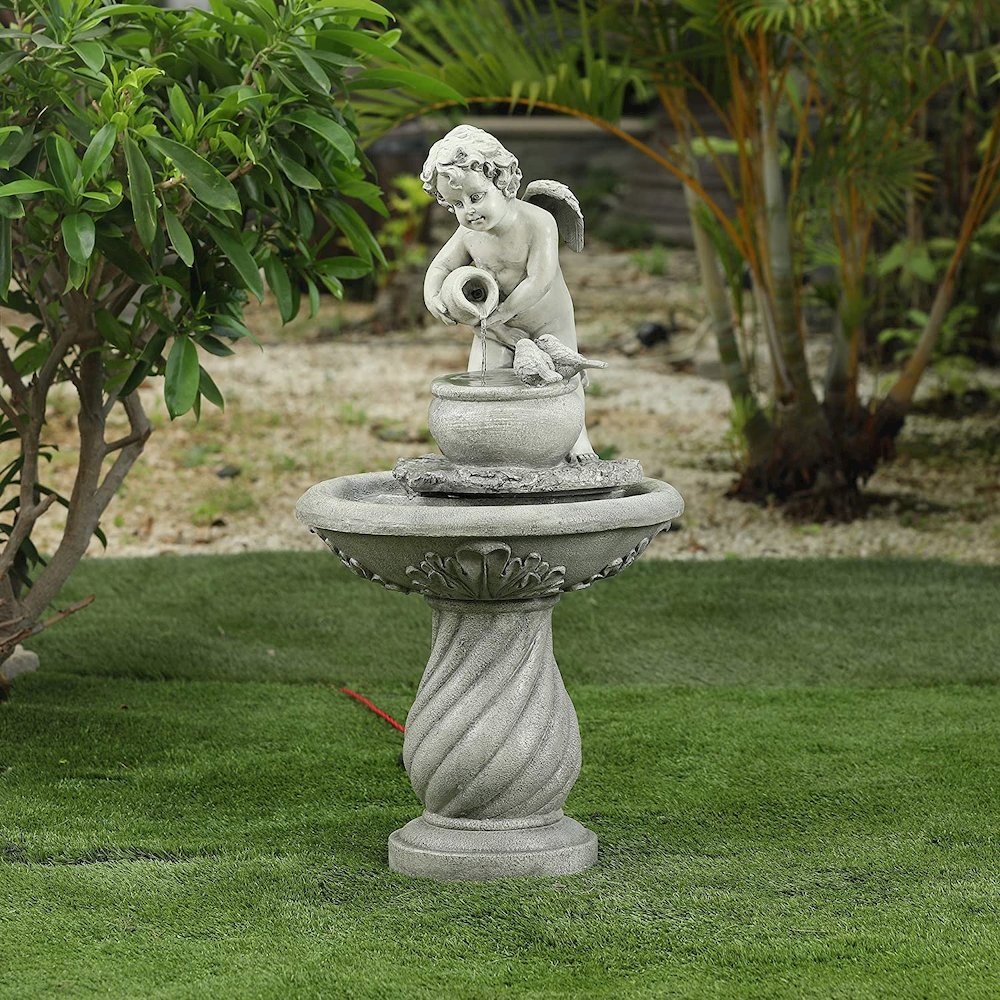 Gray Resin Cherub Birdbath Outdoor Patio Fountain. Picture 2