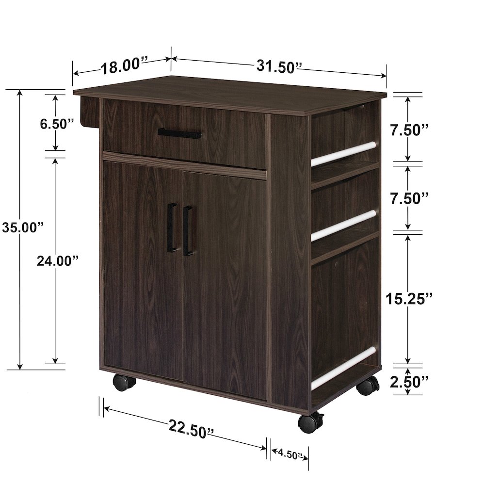 Better Home Products Shelby Rolling Kitchen Cart with Storage Cabinet - Tobacco. Picture 3