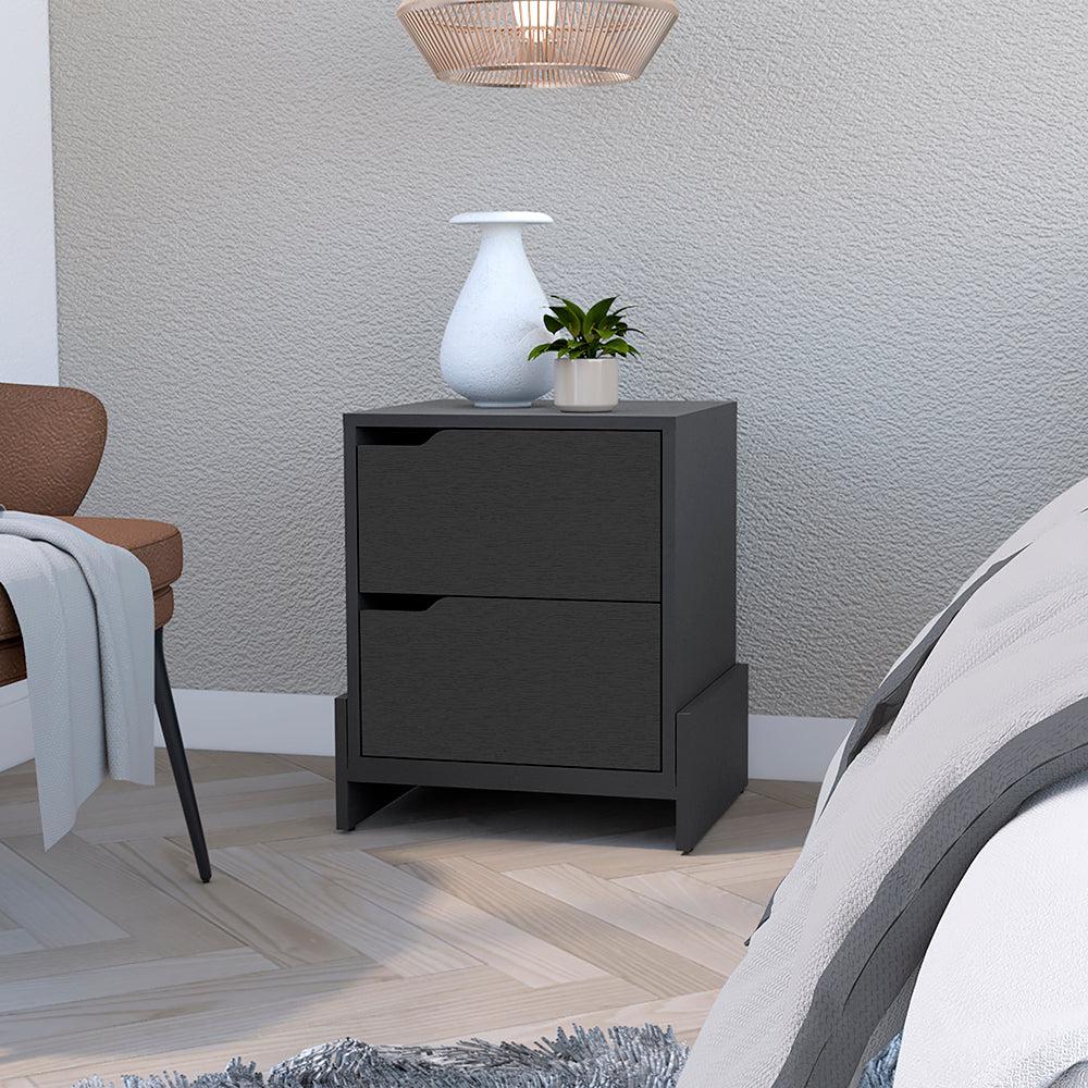 Nightstand Brookland, Bedside Table with Double Drawers, Black Wengue Finish. Picture 1