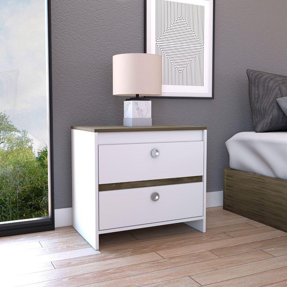 Nightstand Dreams, Two Drawers, White / Dark Brown Finish. Picture 1