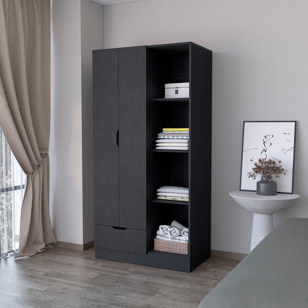 Armoire Dover, 4 Shelves, Drawer and Double Door, Black Wengue Finish. Picture 1