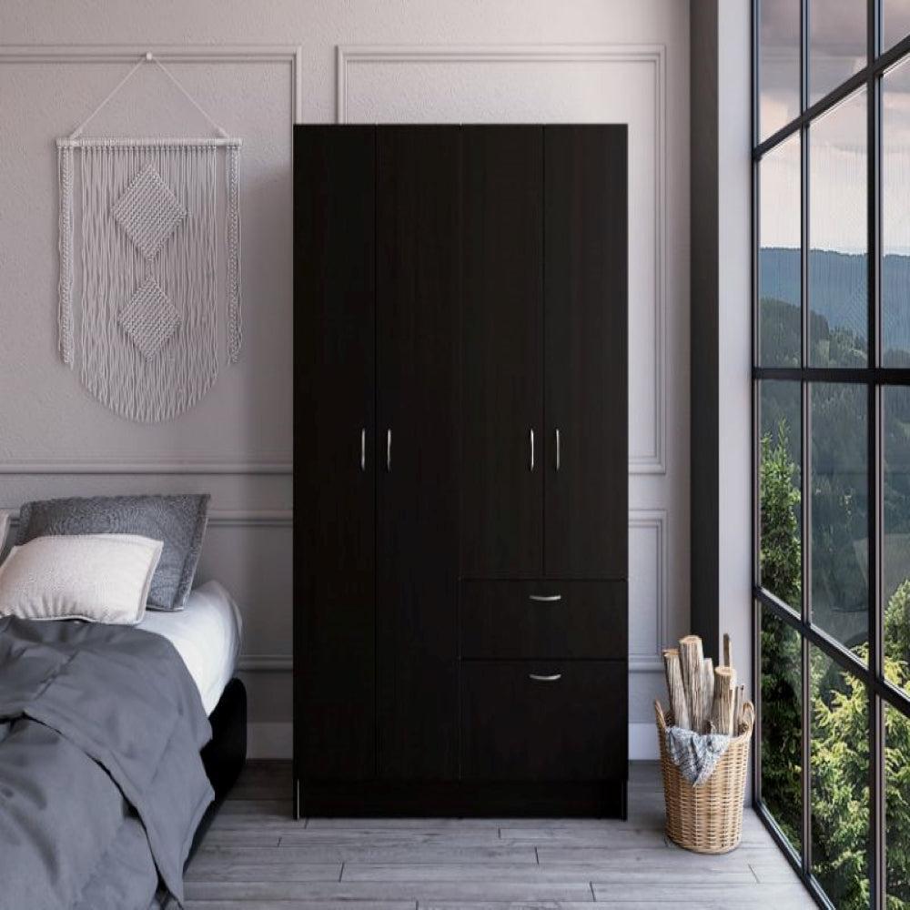 Double Door Armoire Alpes, One Drawer, Black Wengue / White Finish. Picture 1