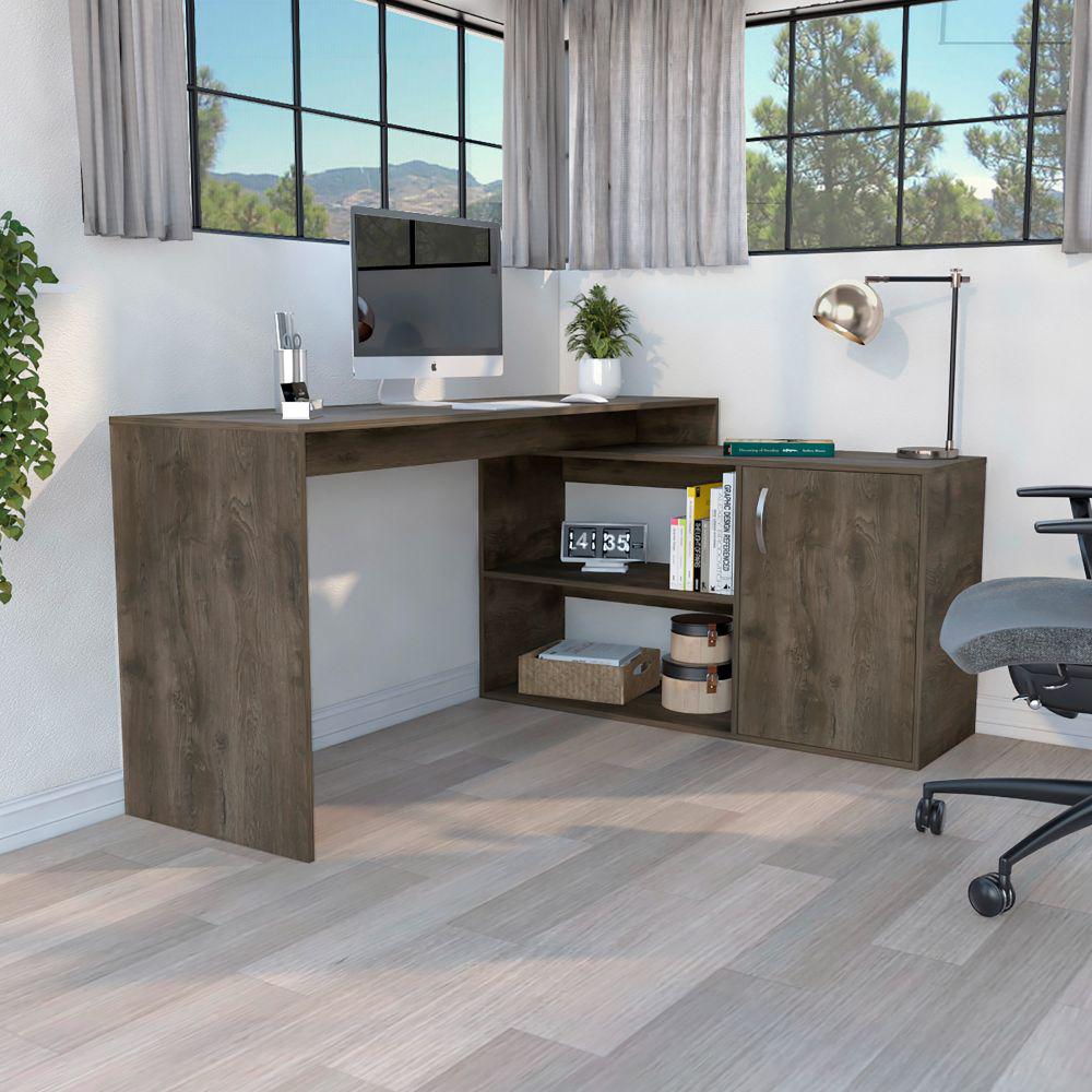 L-Shaped Desk Desti, Single Door Cabinet, Dark Brown Finish. Picture 1