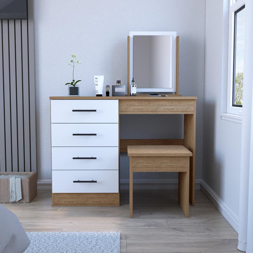 Makeup Dressing Table Roxx, Four Drawers, One Mirror, Stool, Pine / White Finish. Picture 1