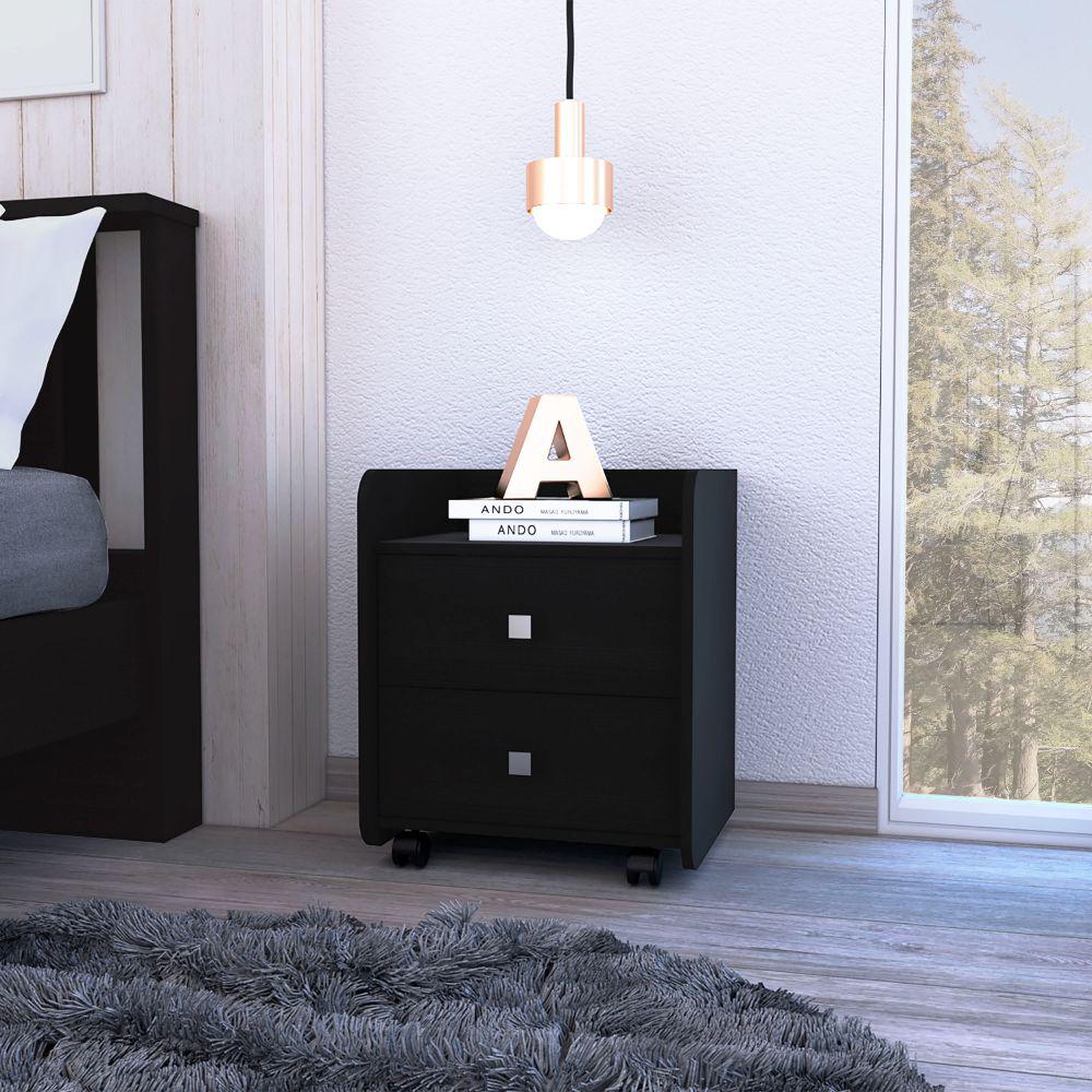 Nightstand Csmet, Metal Handle, Two Drawers, Black Wengue Finish. Picture 1