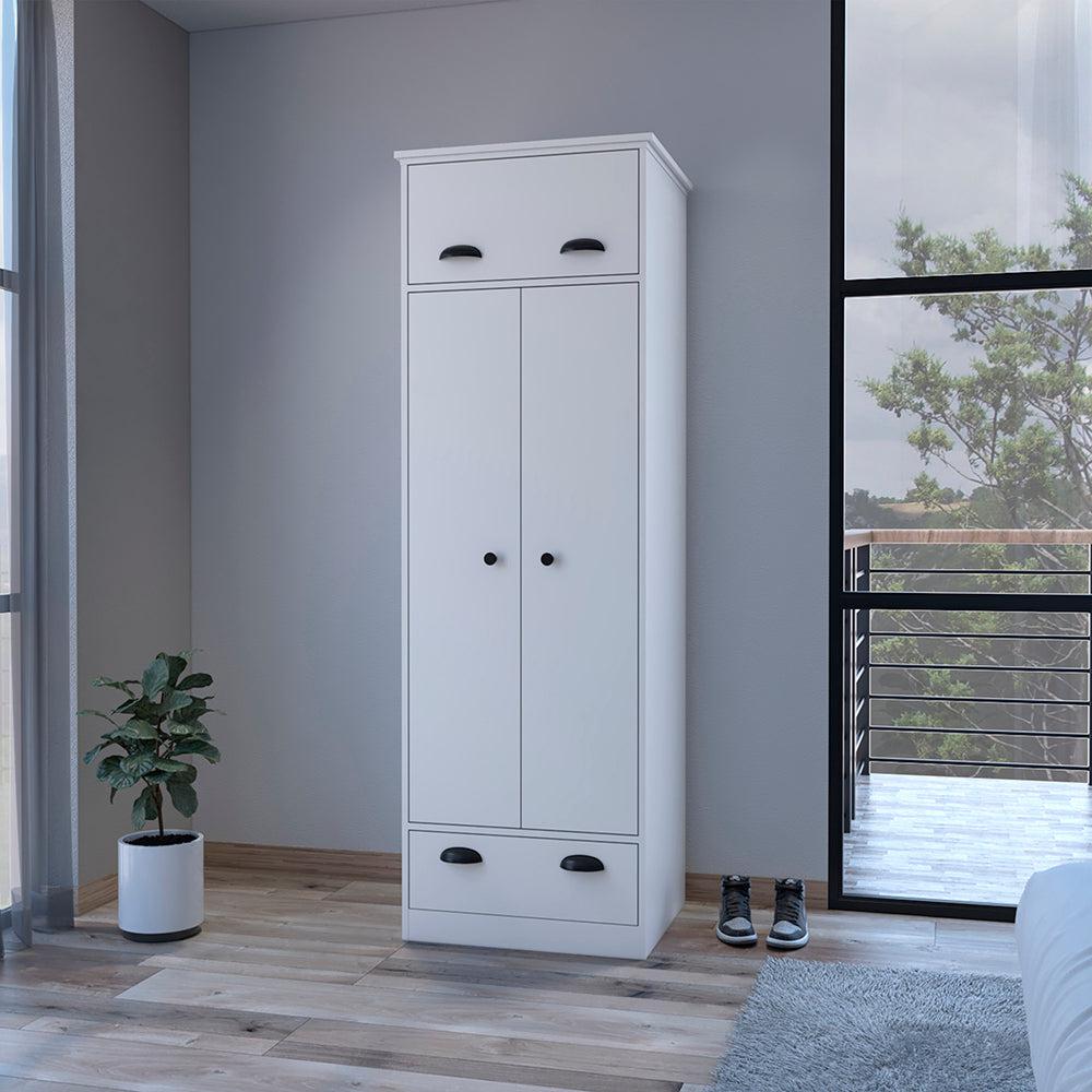 Armoire with Two-Doors Dumas, Top Hinged Drawer and 1-Drawer, White Finish. Picture 1