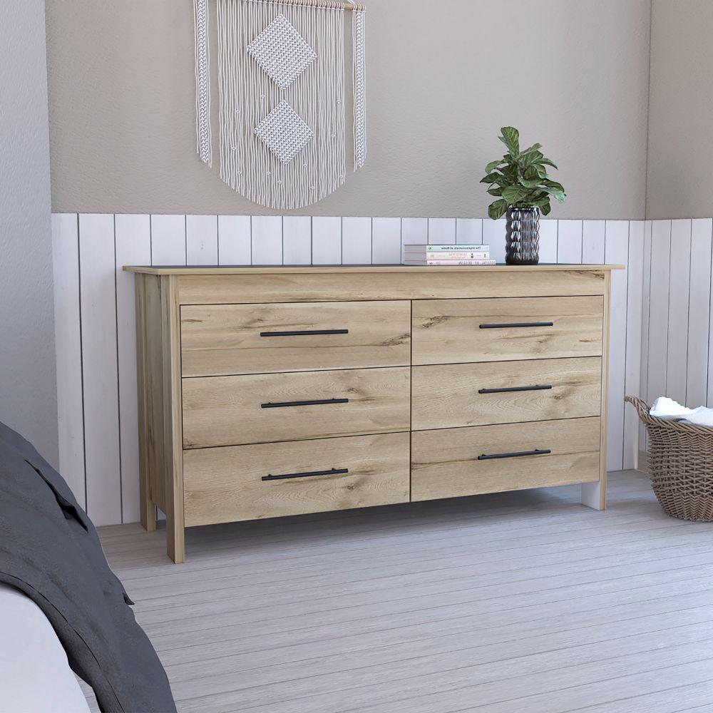 6 Drawer Double Dresser Wezz, Four Legs, Superior Top, Light Oak / White Finish. Picture 1