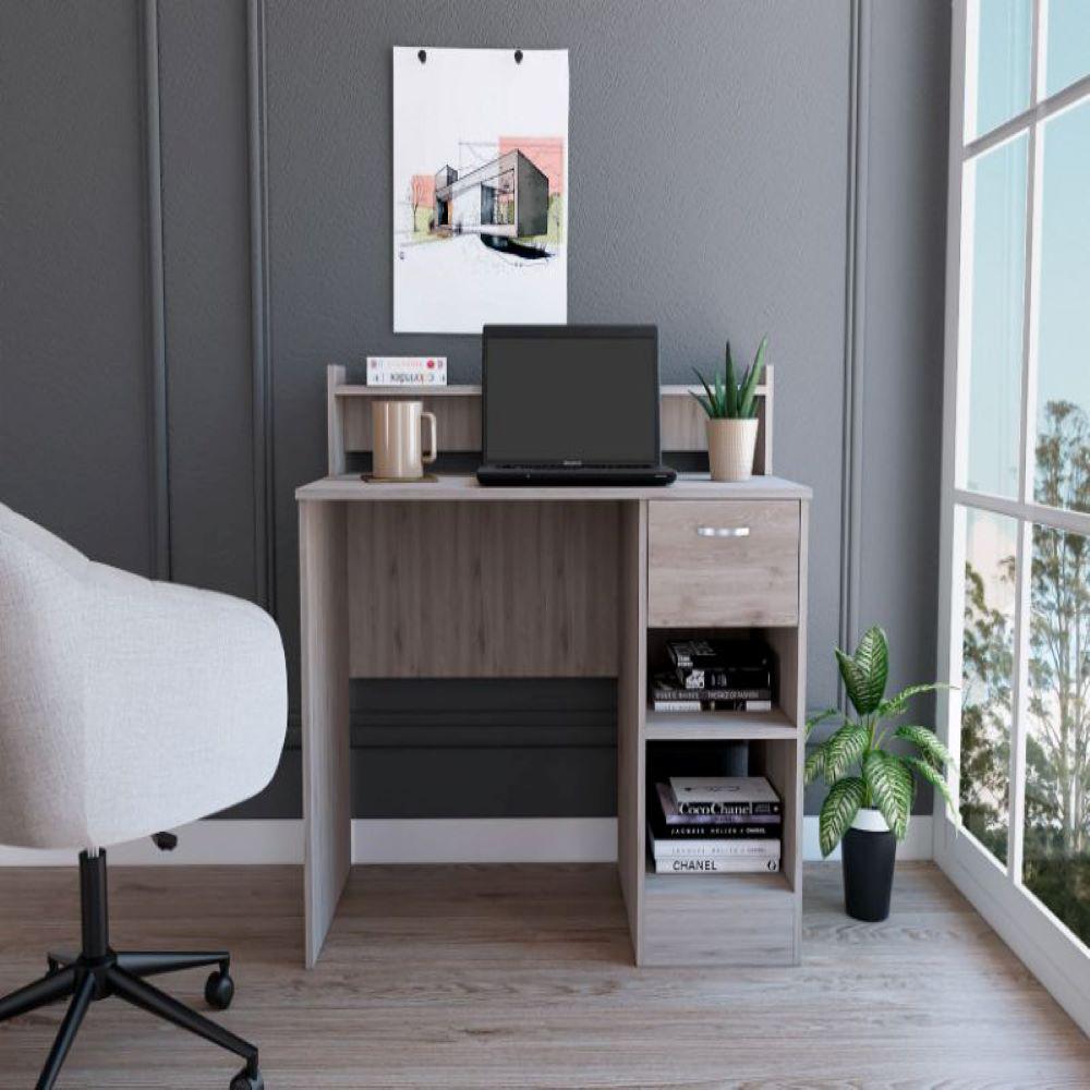Computer Desk Delmar with Open Storage Shelves, Light Gray Finish. Picture 1