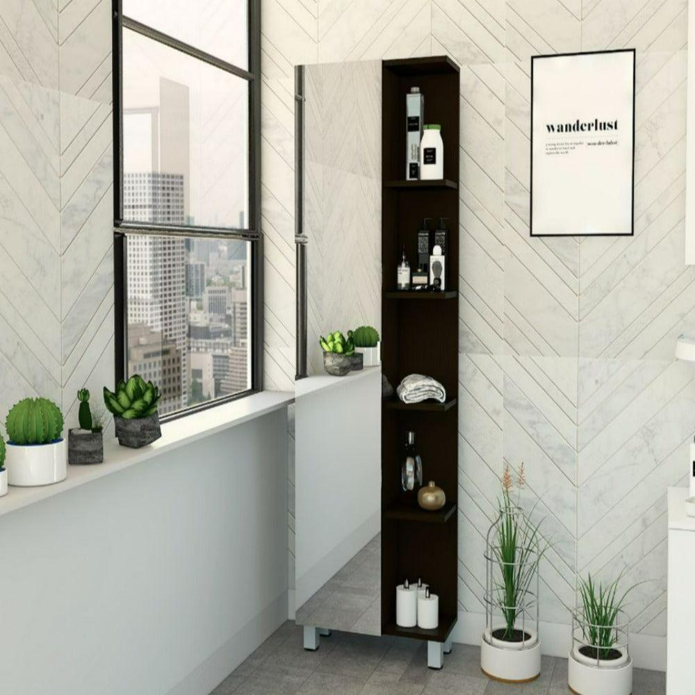 Mirror Linen Cabinet Reno,Four Interior Shelves, Black Wengue Finish. Picture 1