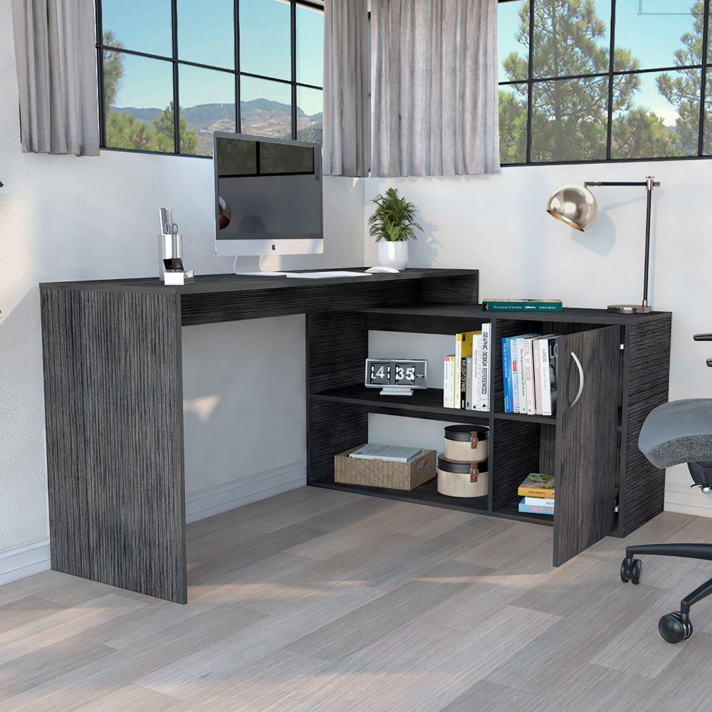 L-Shaped Desk Desti, Single Door Cabinet, Smokey Oak Finish. Picture 1