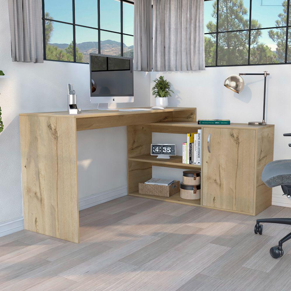 L-Shaped Desk Desti, Single Door Cabinet, Light Oak Finish. Picture 1