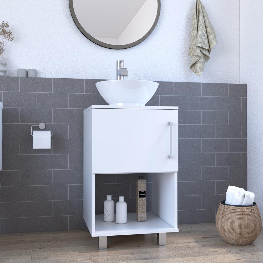 Single Bathroom Vanity Pigmag, One Open Shelf, Single Door Cabinet, White Finish. Picture 1