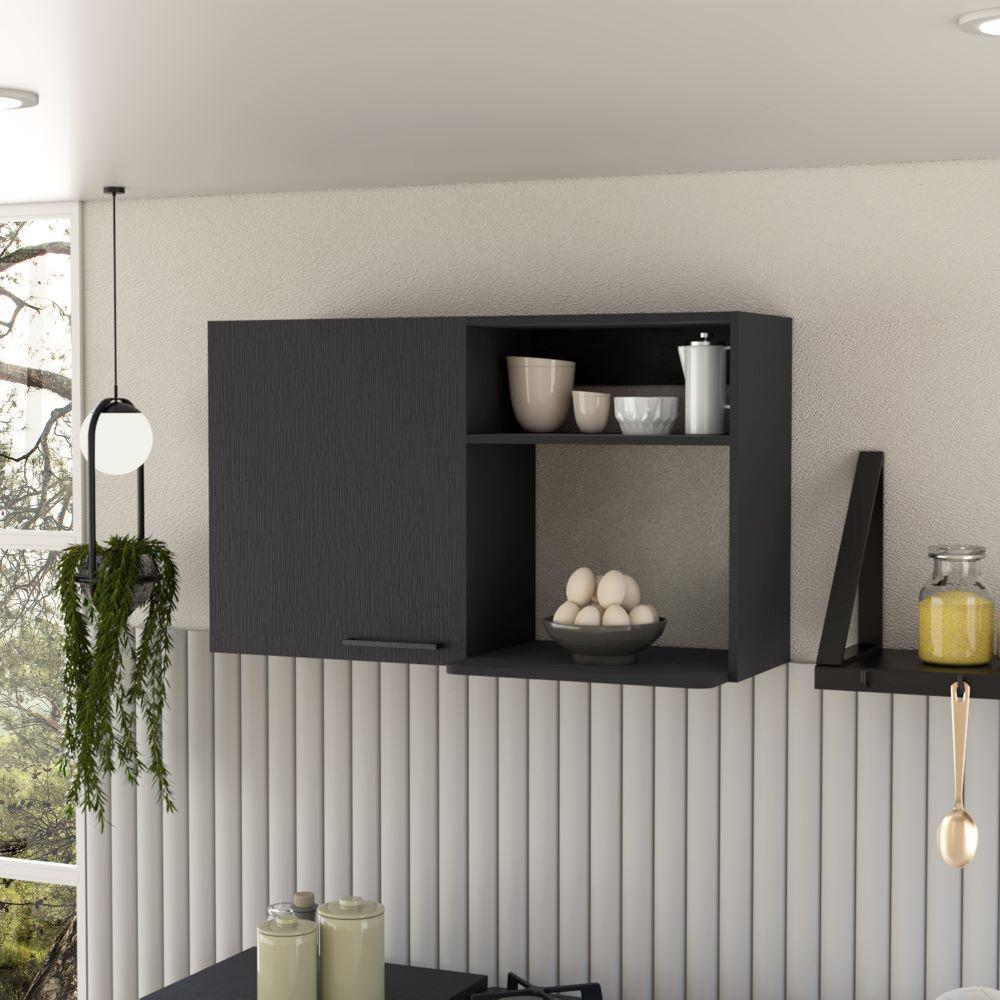 Kitchen Wall Cabinet Bussolengo, Two Shelves, Black Wengue Finish. Picture 1