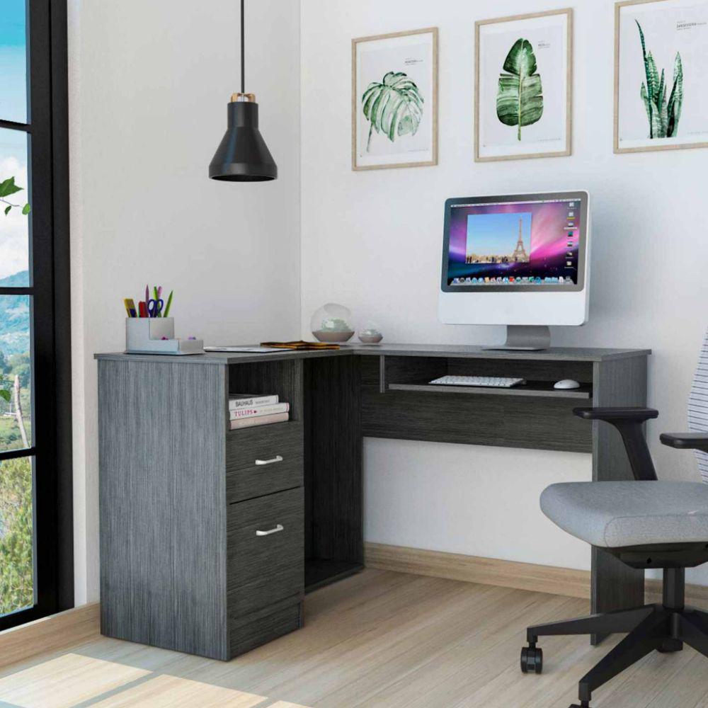 L-Shaped Desk Bradford, Keyboard Shelf, Smokey Oak Finish. Picture 1