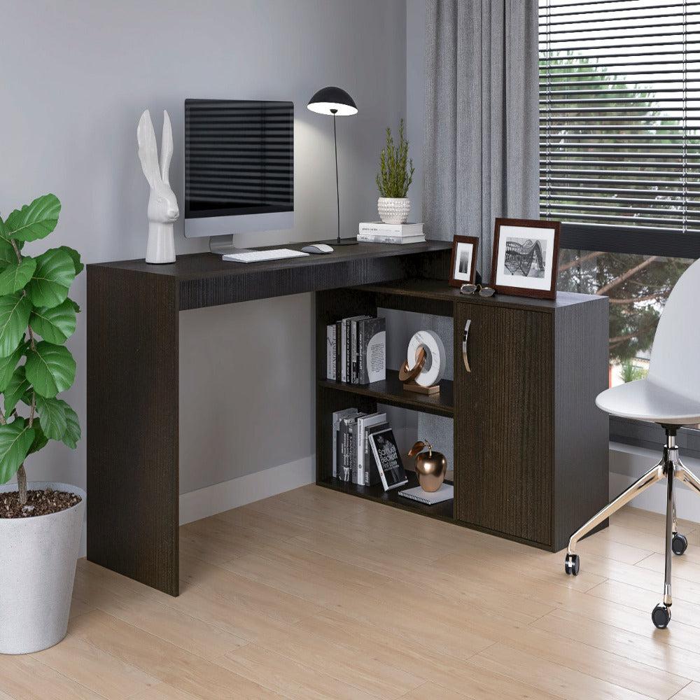 L-Shaped Desk Desti, Single Door Cabinet, Black Wengue Finish. Picture 1
