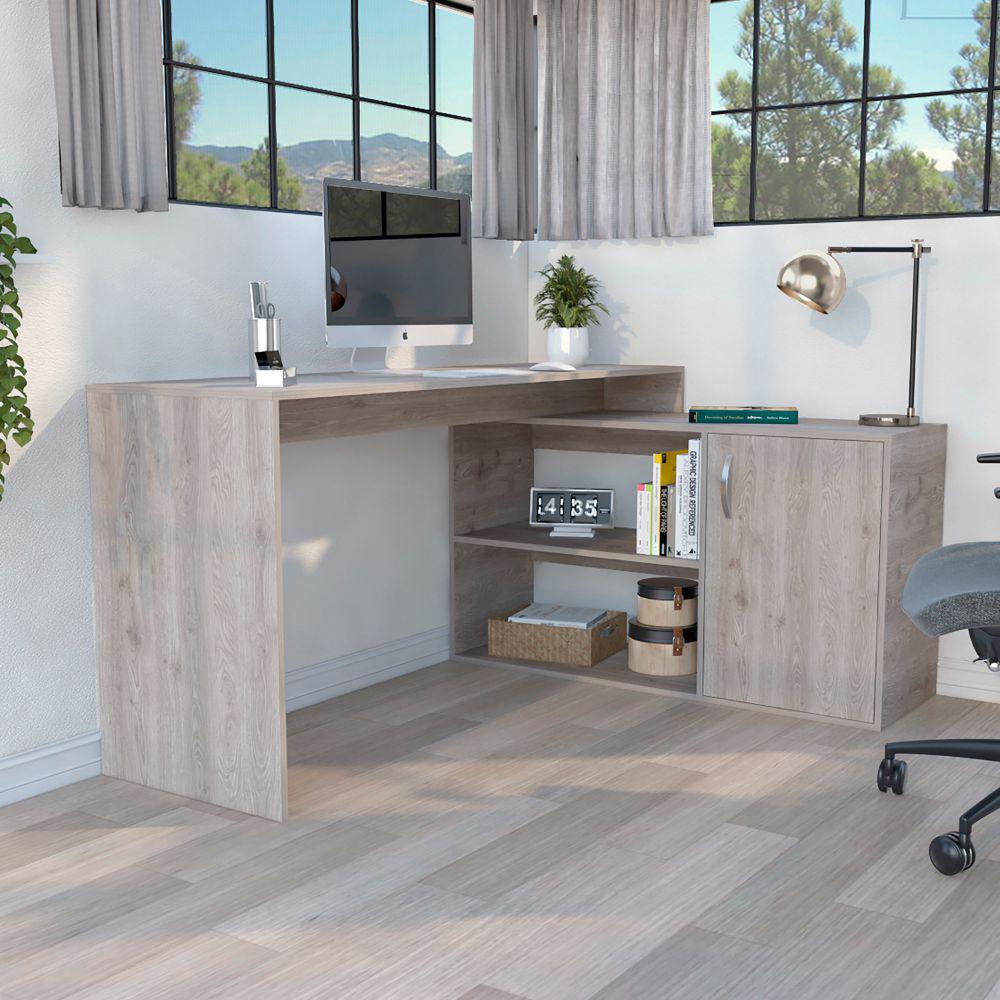 L-Shaped Desk Desti, Single Door Cabinet, Light Gray Finish. Picture 1