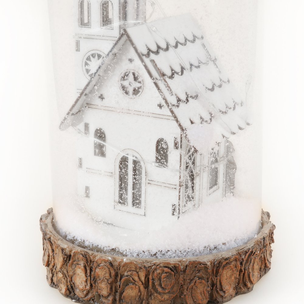 Lighted Snow-Covered White Church Glass Lantern. Picture 2