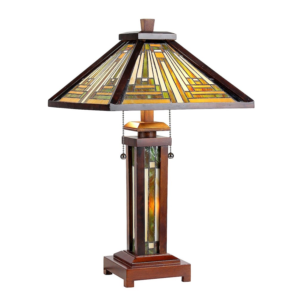 INNES Tiffany-style 3 Light Mission Double Lit Wooden Table Lamp 15" Shade. Picture 1
