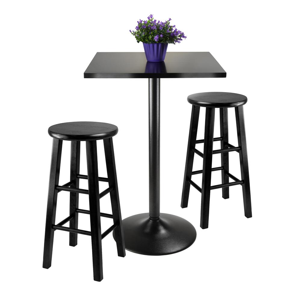 3pc Counter Height Dining Set, Black Square Table Top and Black Metal Legs with 2 Wood Stools. Picture 2