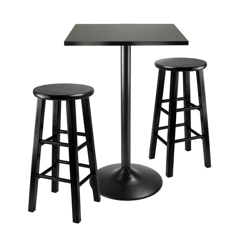 3pc Counter Height Dining Set, Black Square Table Top and Black Metal Legs with 2 Wood Stools. The main picture.