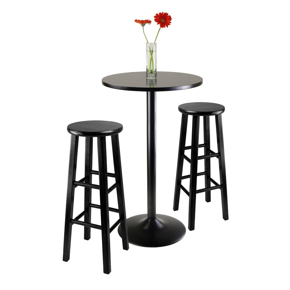 3pc Round Black Pub Table with two 29" Wood Stool Square Legs. Picture 2