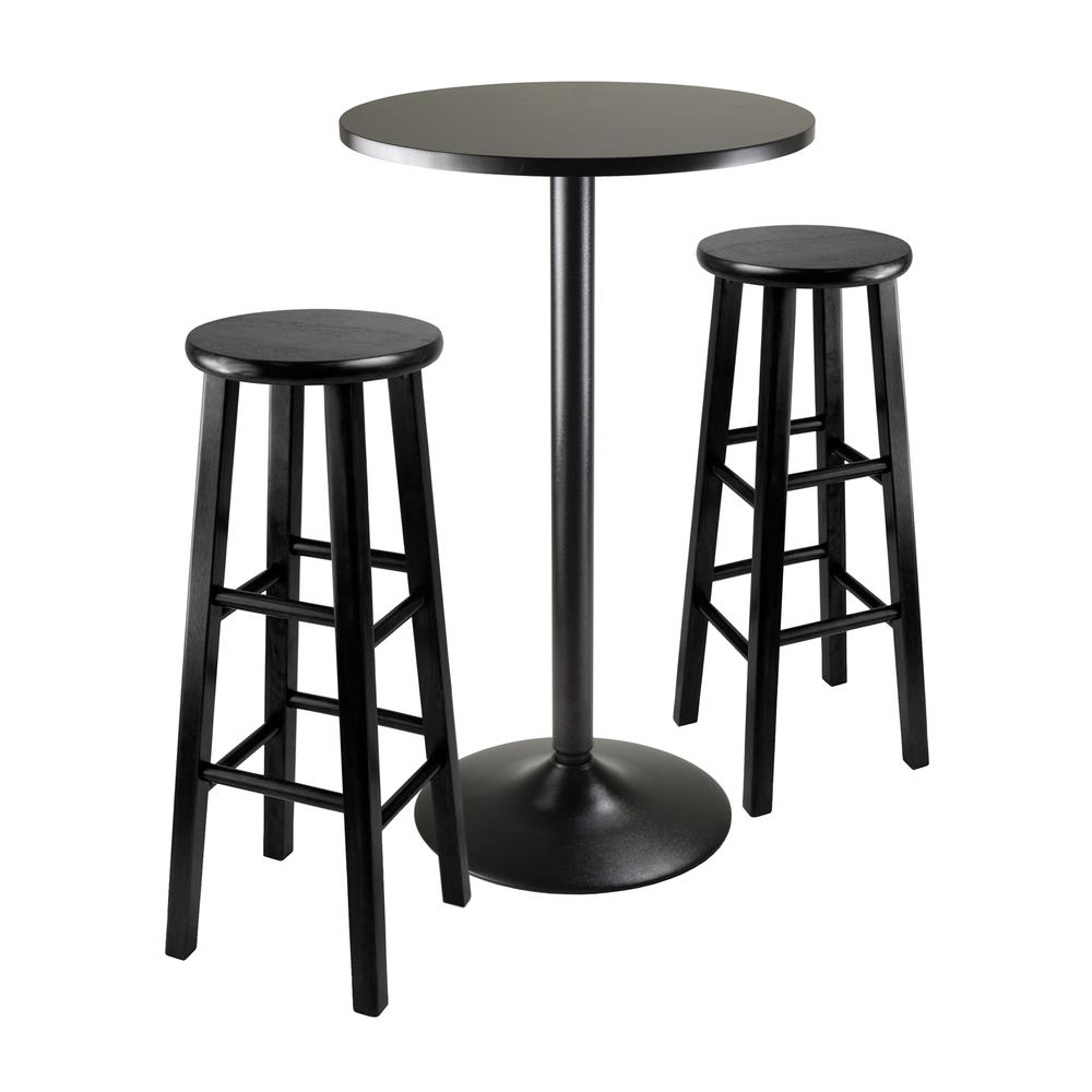 3pc Round Black Pub Table with two 29" Wood Stool Square Legs. Picture 1