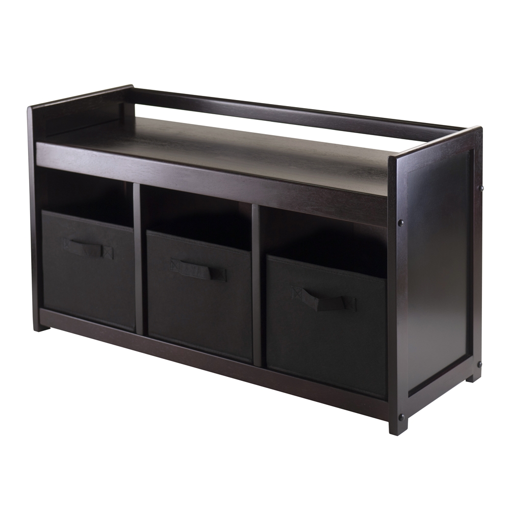 Addison 4pc Storage Bench with 3 Foldable Fabric baskets in Black. The main picture.