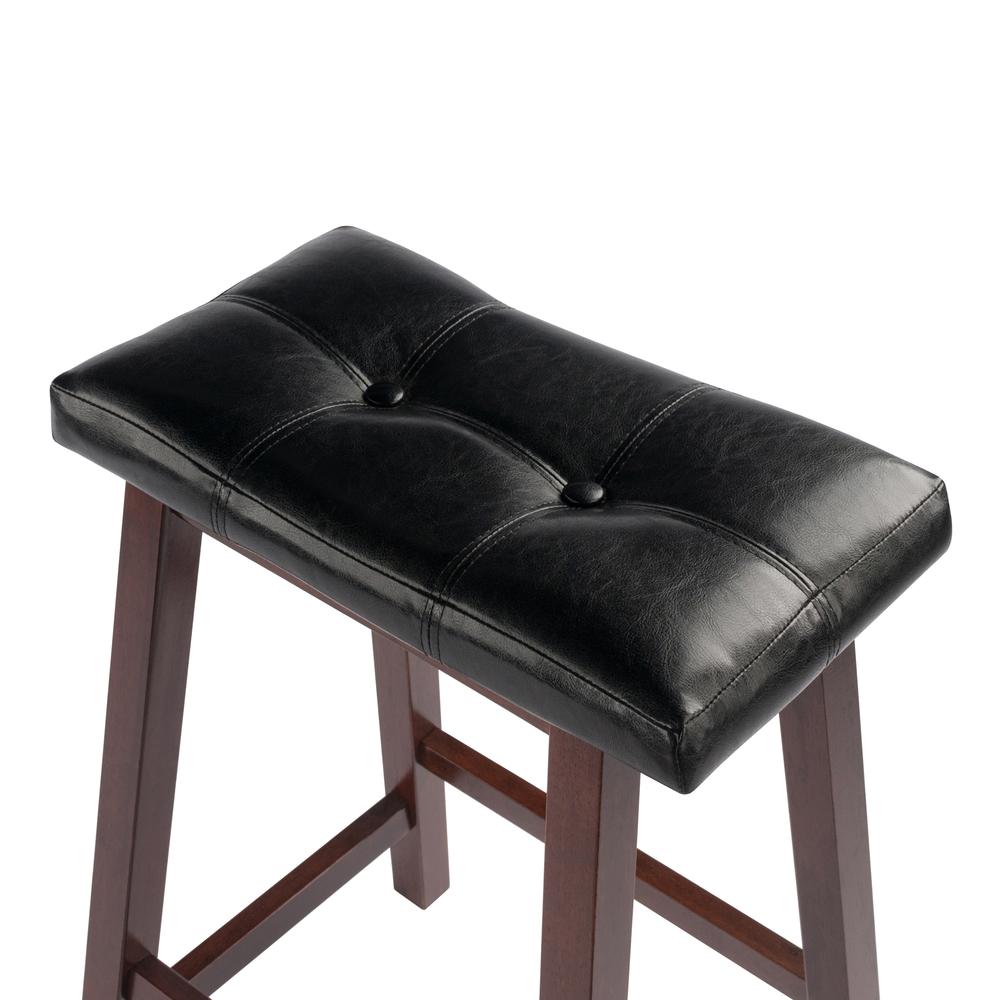 Mona 24" Cushion Saddle Seat Stool, Black Faux Leather, Wood Legs, RTA. Picture 4
