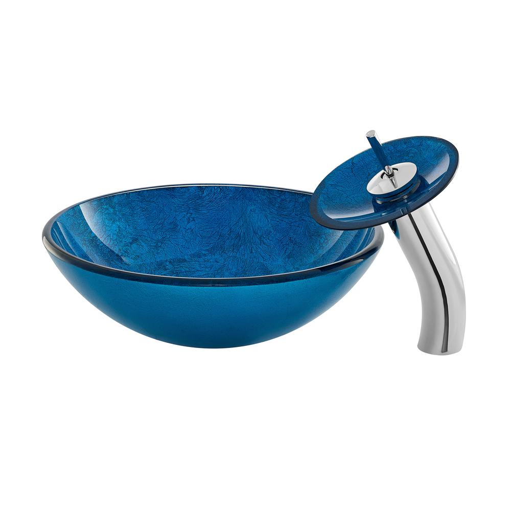 Cascade 16.5 Glass Vessel Sink with Faucet, Ocean Blue. Picture 1