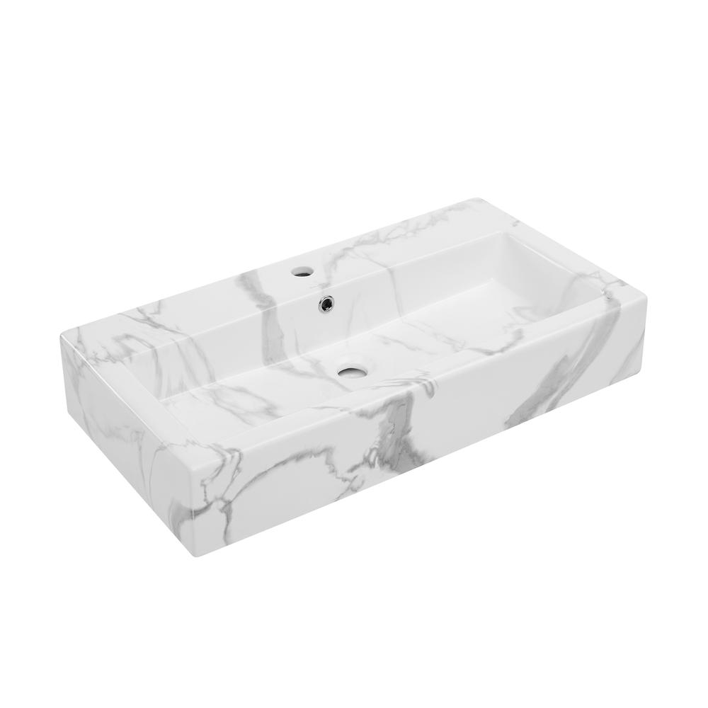 Voltaire Wide Rectangle Vessel Sink in White Marble. Picture 7