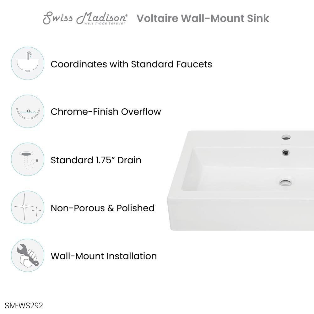 Voltaire Wide Rectangle Wall-Mount Sink in Shiny White. Picture 8