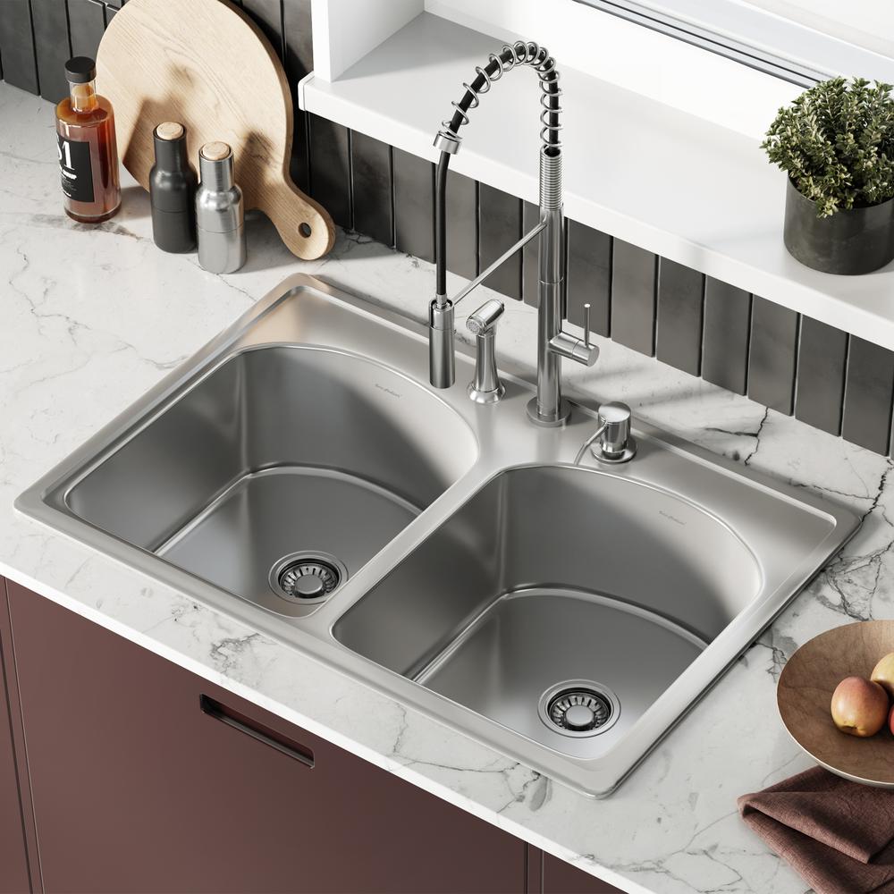Ouvert 33 x 22 Stainless Steel, Dual Basin, Top-Mount Kitchen Sink. Picture 15