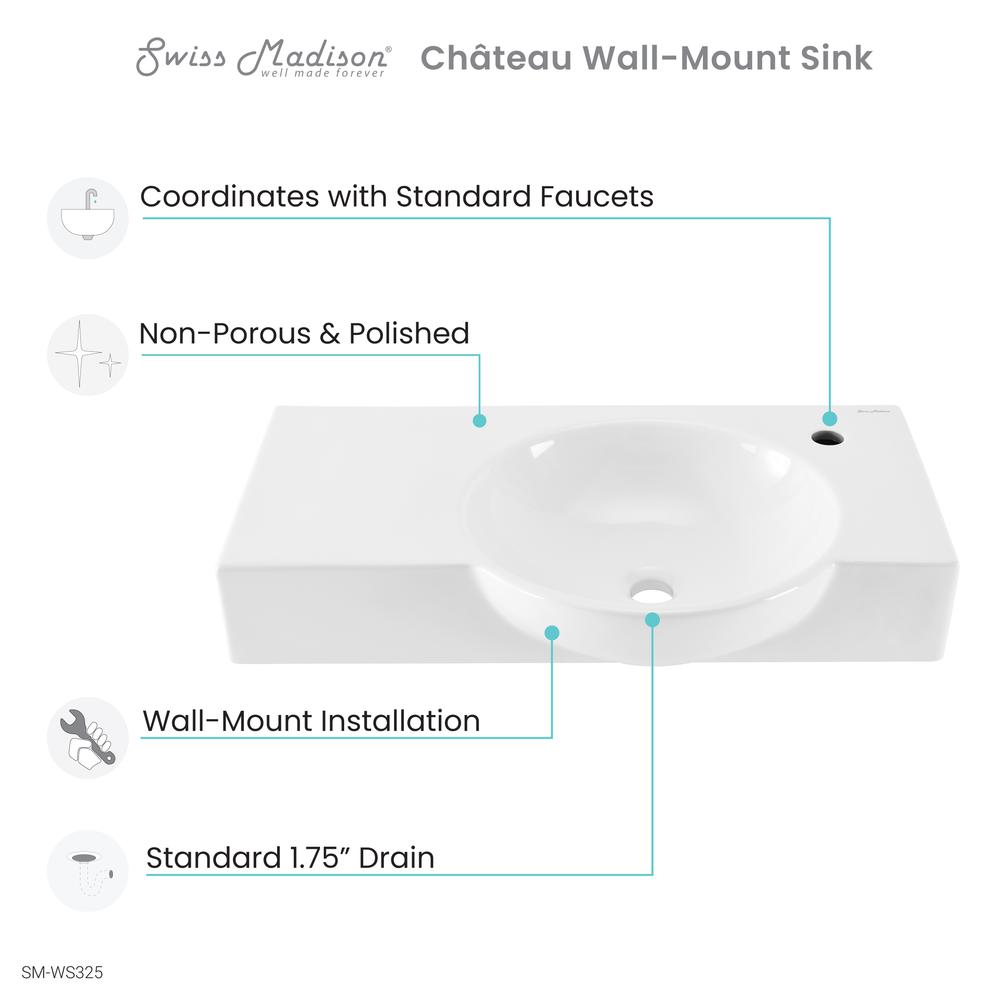 Château 30" Right Side Faucet Wall-Mount Bathroom Sink. Picture 6