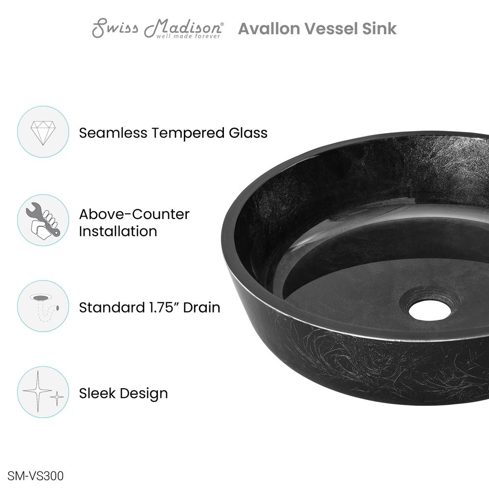 Avallon 16.5 " Round Glass Vessel Sink, Black. Picture 7