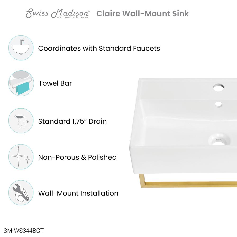 ﻿﻿Claire 22" Wall-Mount Bathroom Sink with Brushed Gold Towel Bar. Picture 11