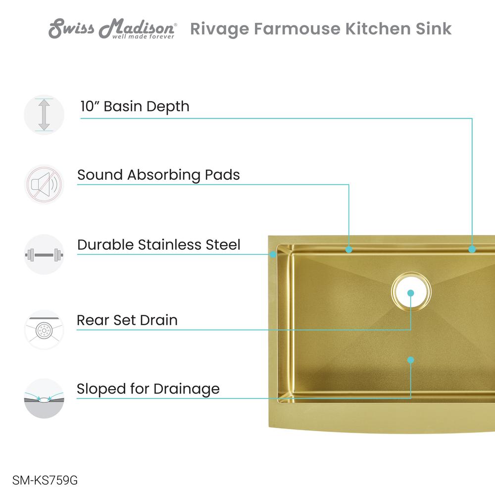 Stainless Steel, Single Basin, Farmhouse Kitchen Sink with Apron in Gold. Picture 3