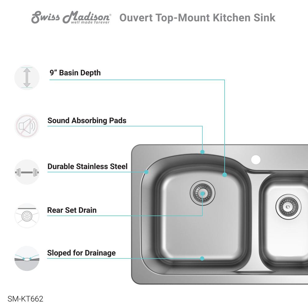 Ouvert 33 x 22 Stainless Steel, Dual Basin, Top-Mount Kitchen Sink. Picture 7