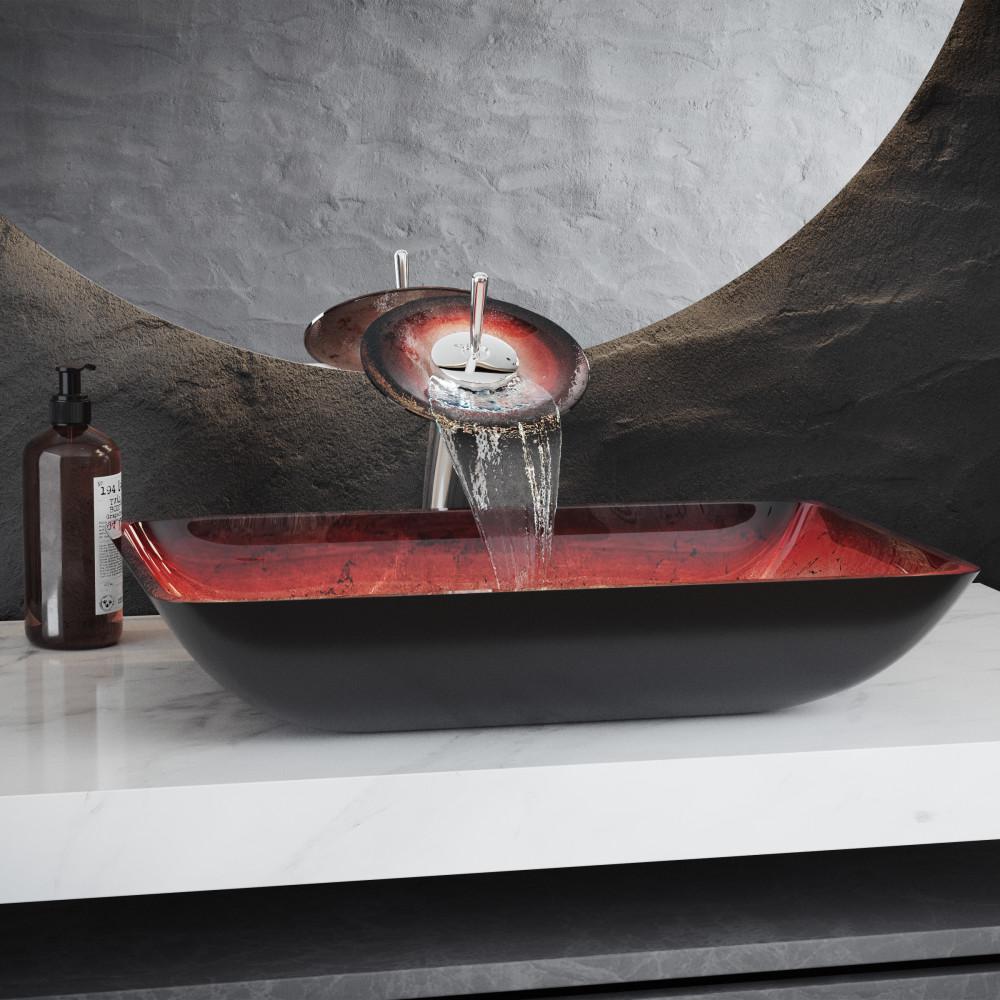 Cascade Rectangular Glass Vessel Sink with Faucet, Ember Red. Picture 2