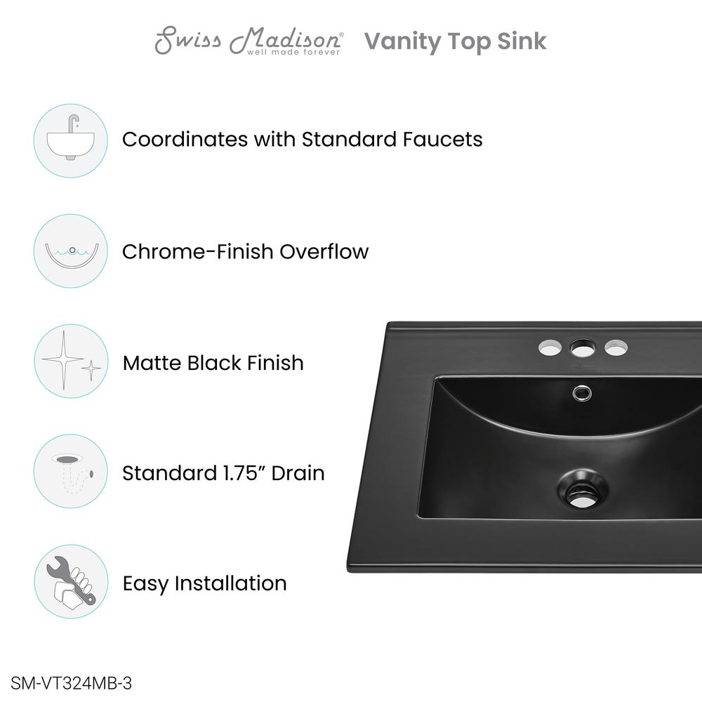 24" Vanity Top Bathroom Sink with 4" Centerset Faucet Holes in Matte Black. Picture 7