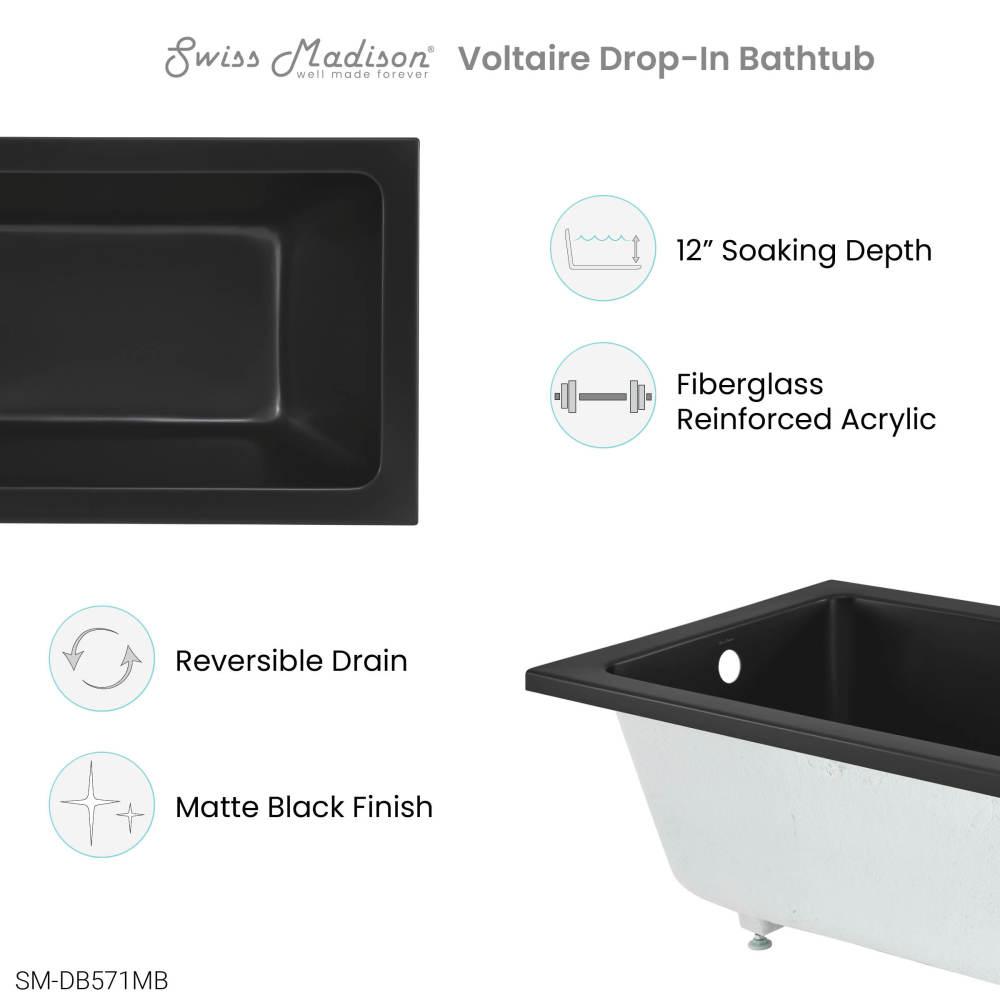 Voltaire 48" x 32" Reversible Drain Drop-In Bathtub in Matte Black. Picture 3