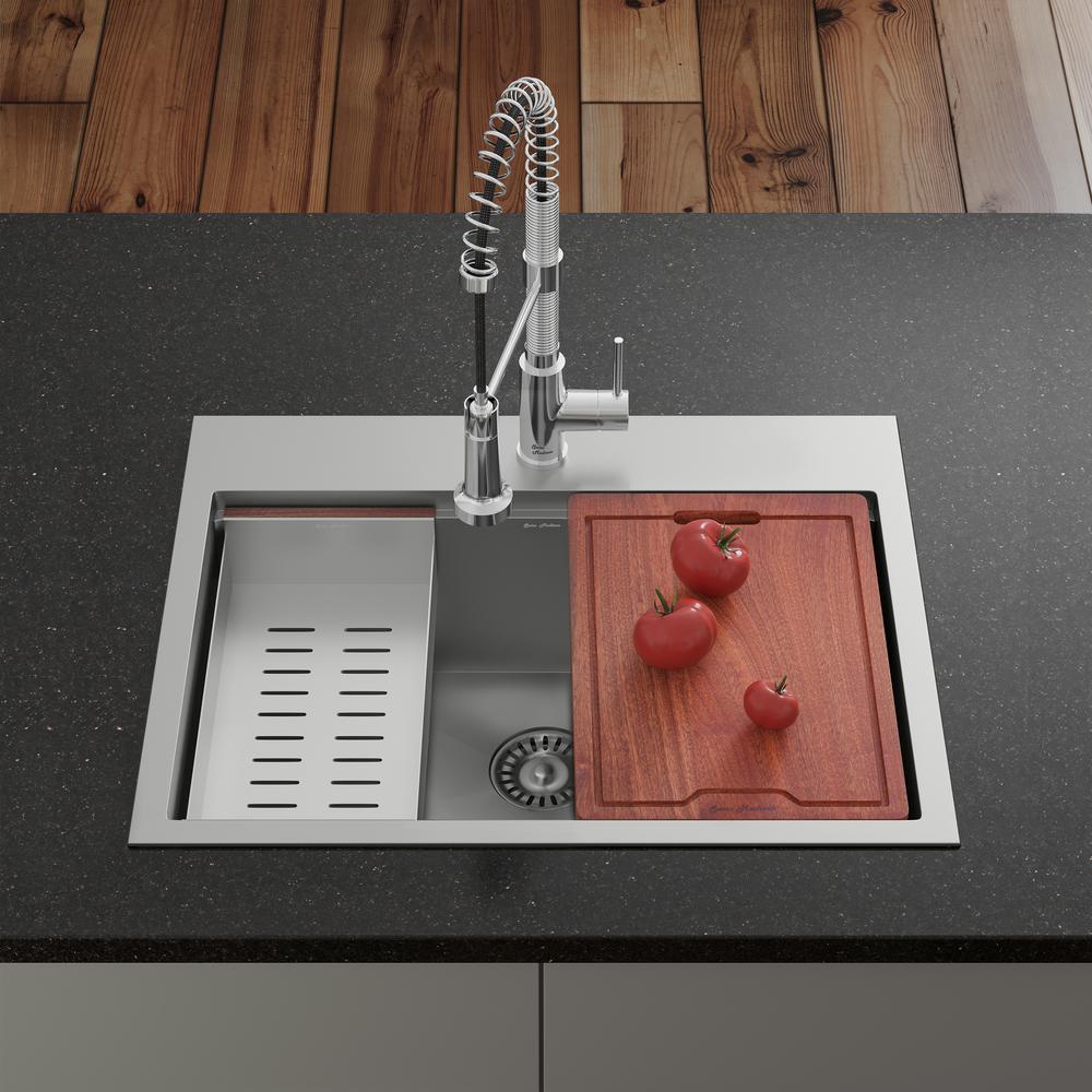 Ravi Single Basin 30 x 22 Topmount Kitchen Workstation Sink. Picture 22