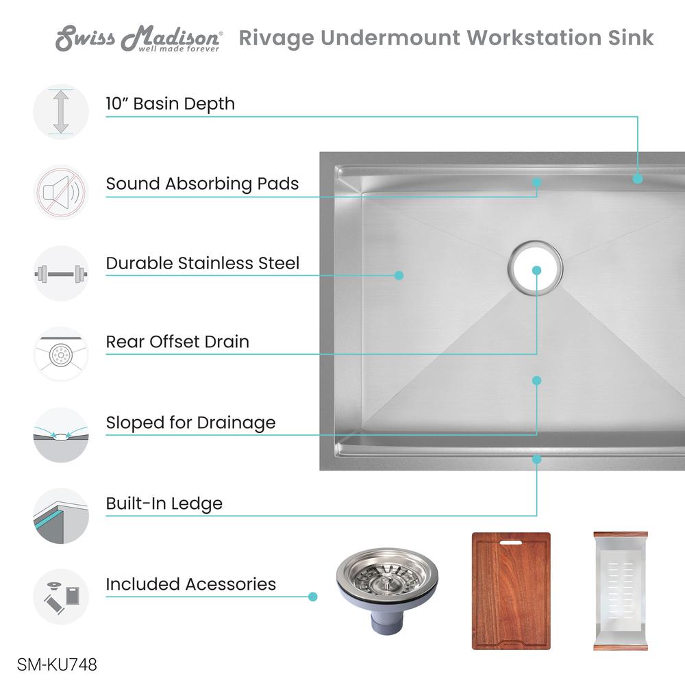 Rivage 30 x 19 Single Basin Undermount Kitchen Workstation Sink. Picture 9